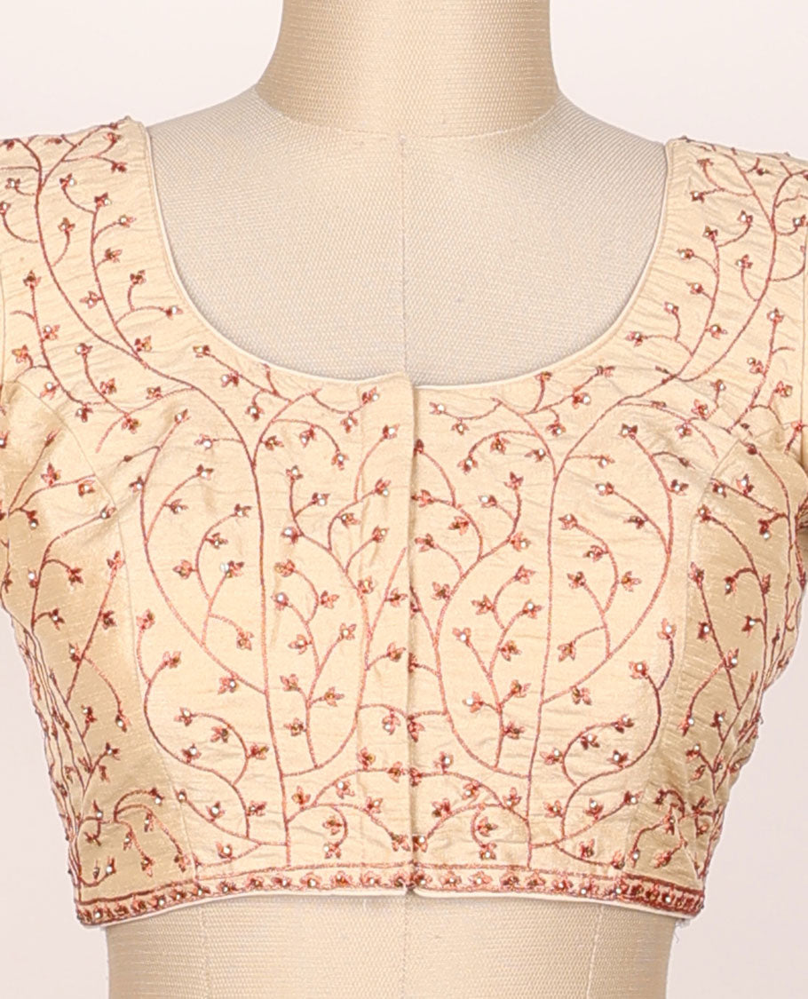 Sandal floral vine embroidered half-sleeve front & back round-neck raw-silk readymade blouse