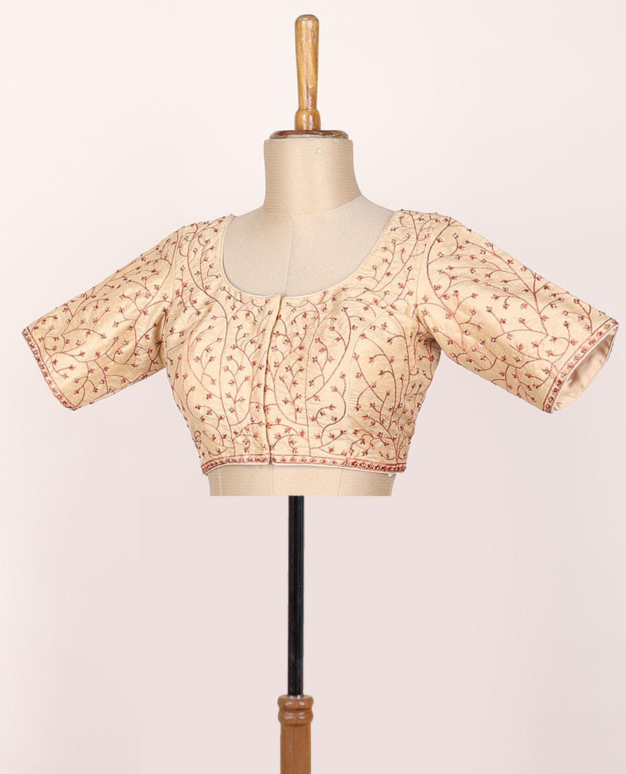 Sandal floral vine embroidered half-sleeve front & back round-neck raw-silk readymade blouse