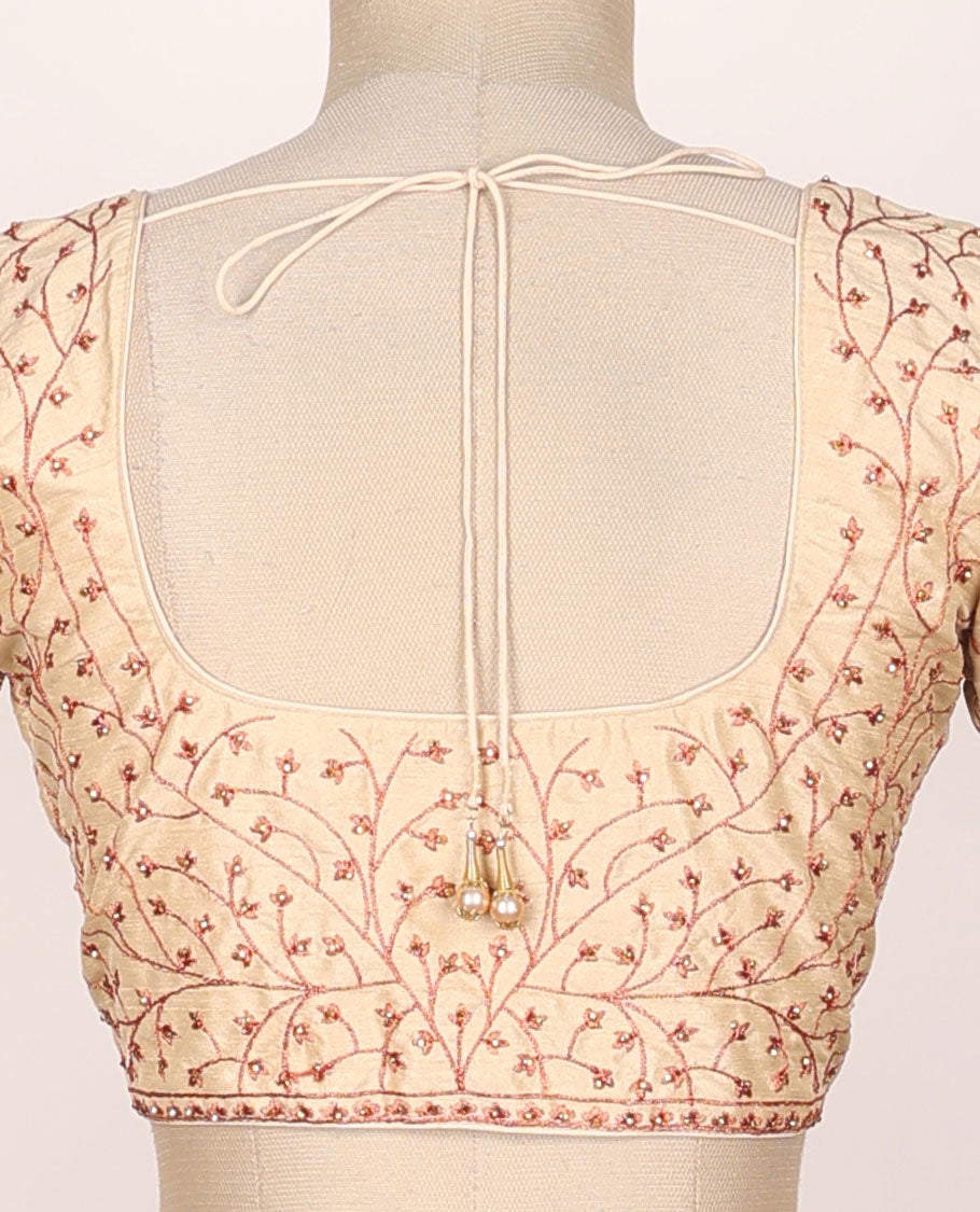 Sandal floral vine embroidered half-sleeve front & back round-neck raw-silk readymade blouse