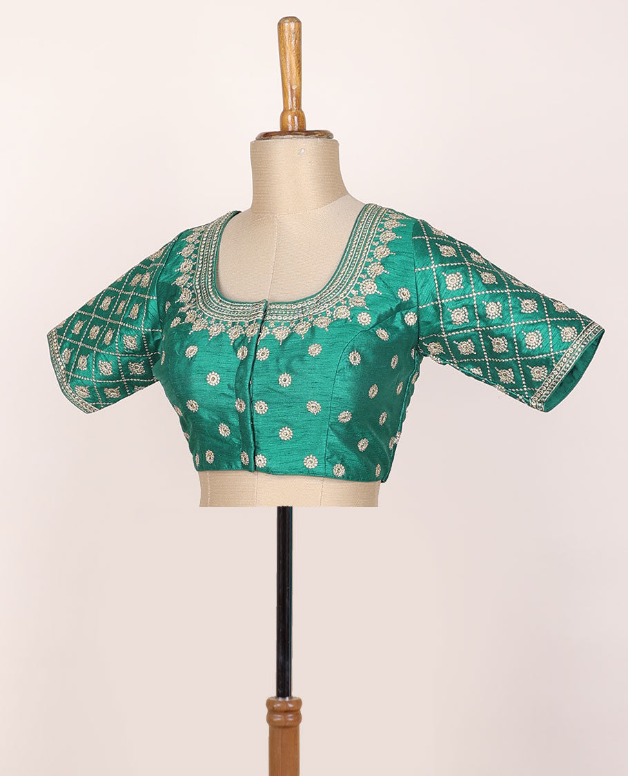 Green thread embroidered half-sleeve front & back round-neck raw-silk readymade blouse