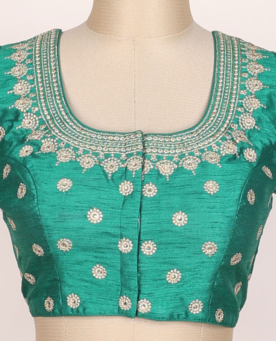 Green thread embroidered half-sleeve front & back round-neck raw-silk readymade blouse