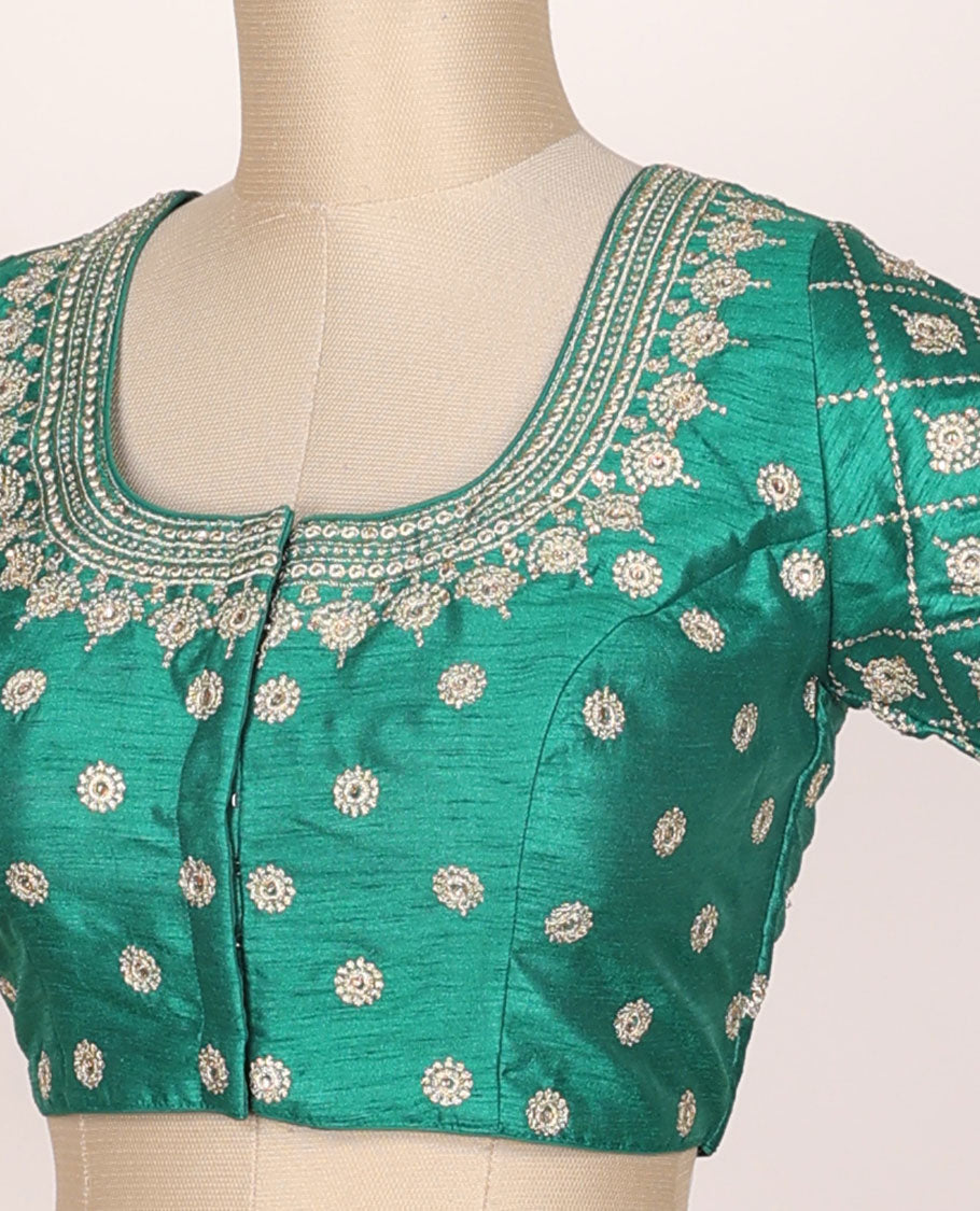 Green thread embroidered half-sleeve front & back round-neck raw-silk readymade blouse