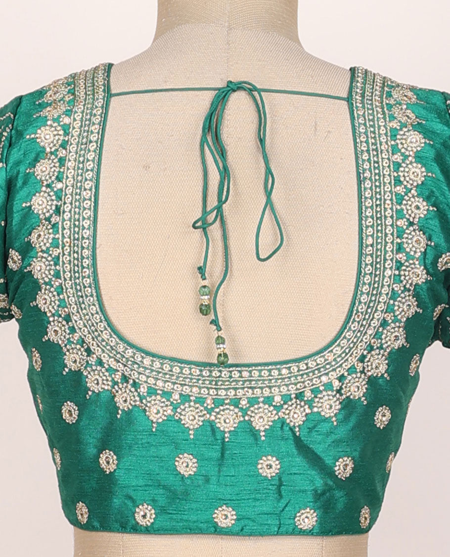 Green thread embroidered half-sleeve front & back round-neck raw-silk readymade blouse
