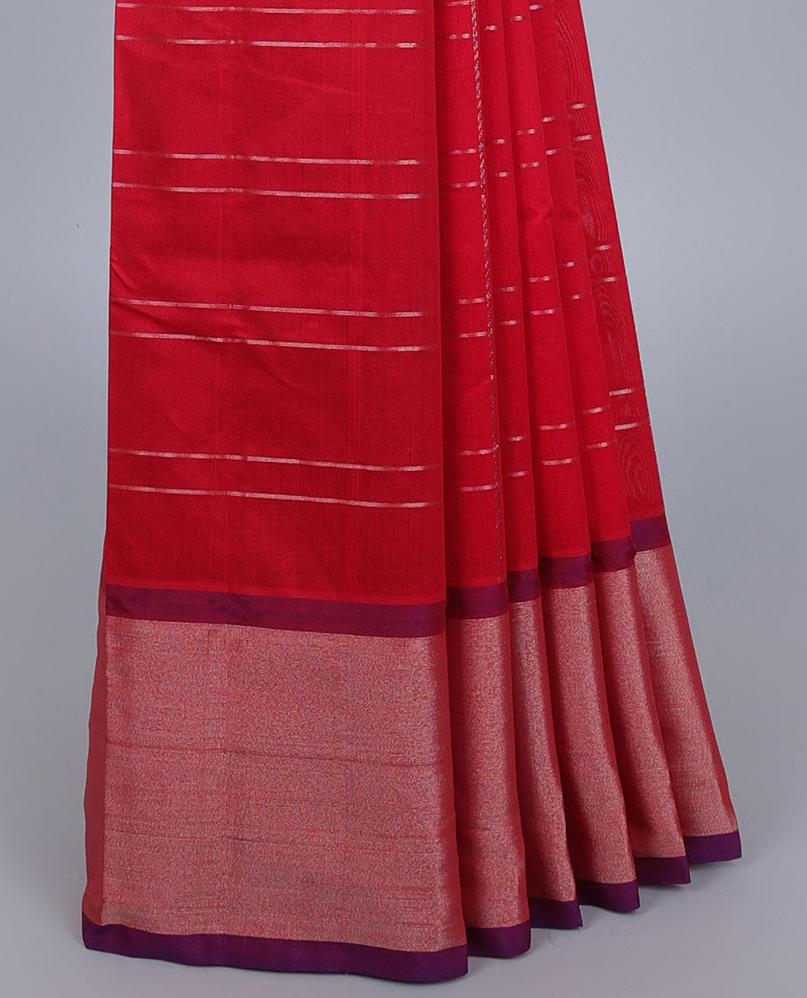 Red striped kuppadam cotton saree, plain border & contrast pallu of intricate designs