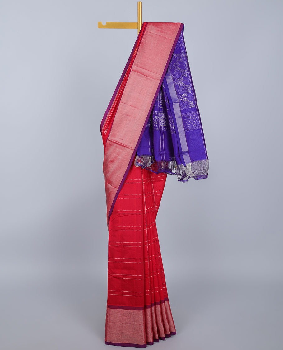 Red striped kuppadam cotton saree, plain border & contrast pallu of intricate designs