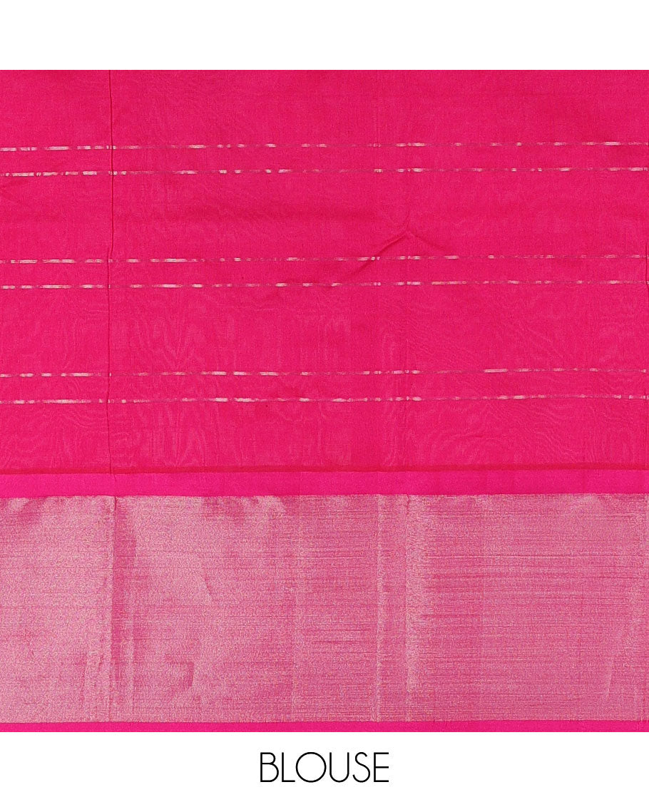 Green striped kuppadam cotton saree with buttas, plain border & contrast pallu of intricate designs