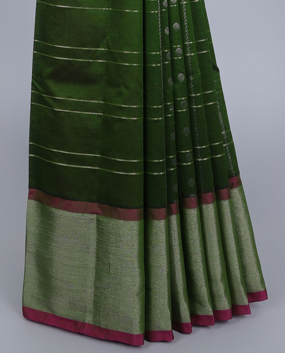 Green striped kuppadam cotton saree with buttas, plain border & contrast pallu of intricate designs