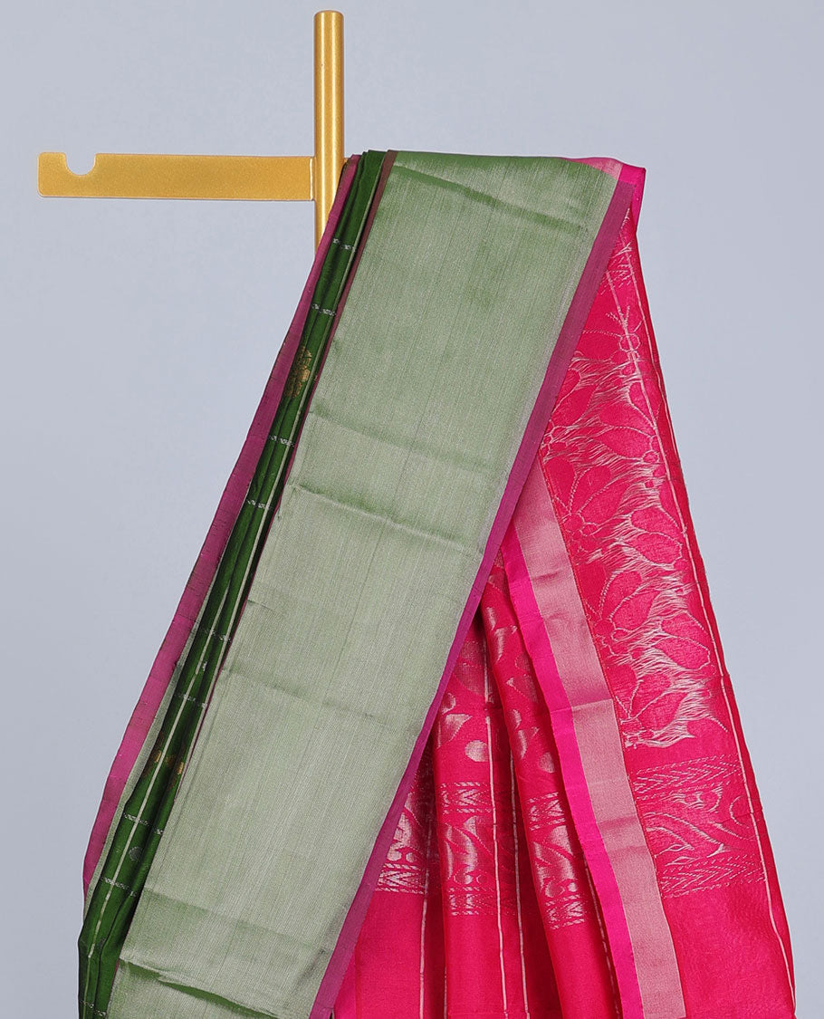 Green striped kuppadam cotton saree with buttas, plain border & contrast pallu of intricate designs