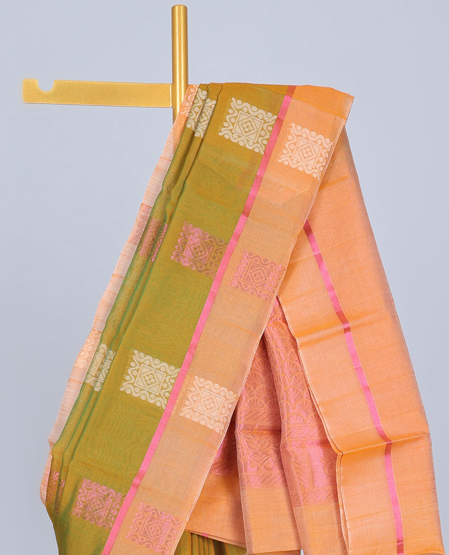 Green silk cotton saree with buttas, contrast unique design border & pallu of scallop designs