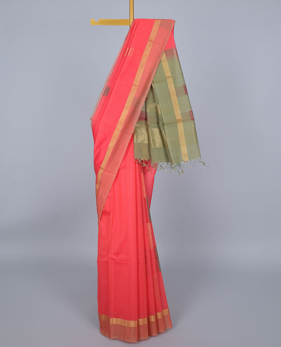 Pink silk cotton saree with buttas, zari border & contrast pallu of intricate designs