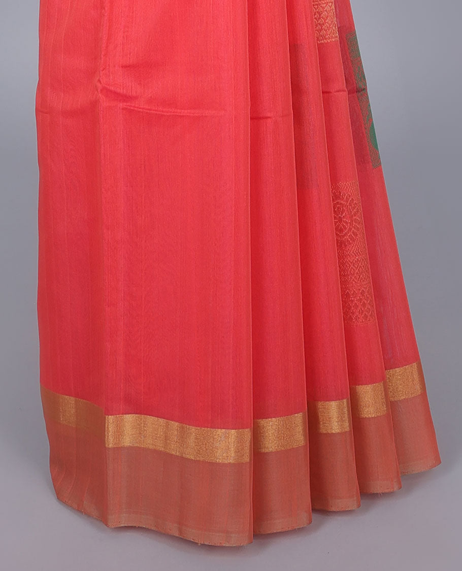 Pink silk cotton saree with buttas, zari border & contrast pallu of intricate designs