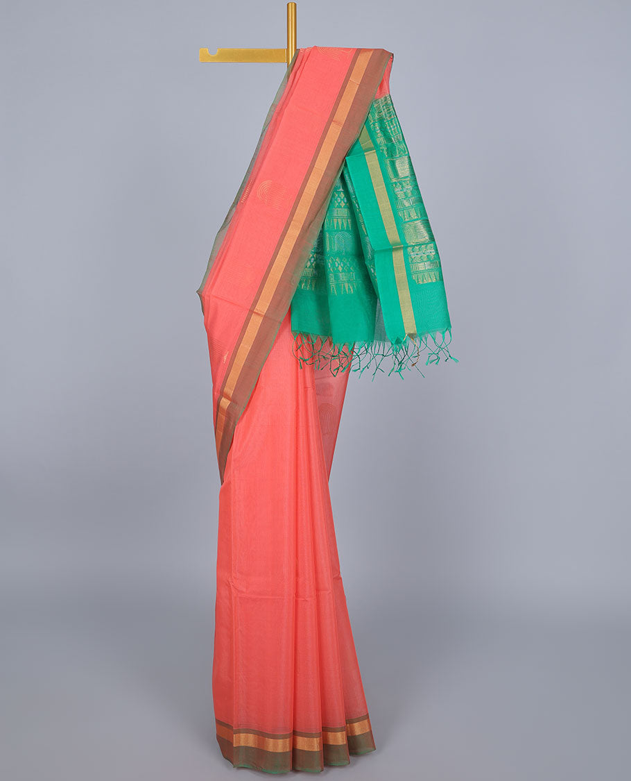 Pink silk cotton saree with zari buttas, contrast zari border & pallu of intricate designs