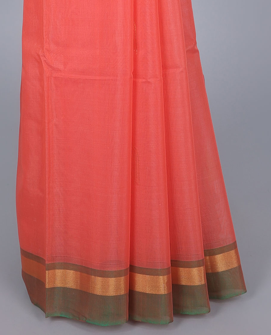 Pink silk cotton saree with zari buttas, contrast zari border & pallu of intricate designs