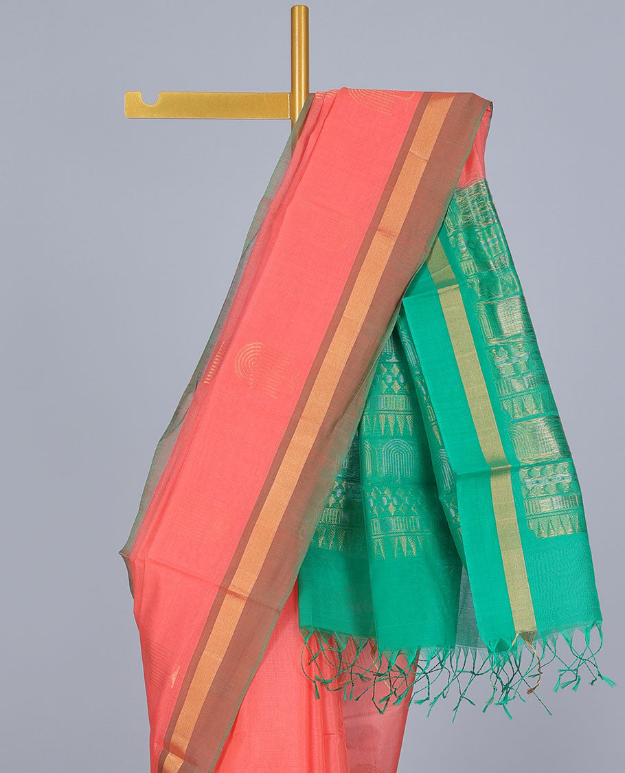 Pink silk cotton saree with zari buttas, contrast zari border & pallu of intricate designs