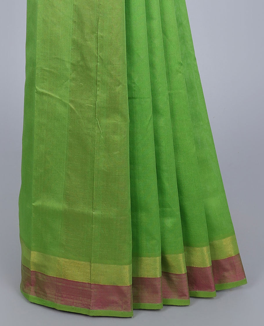 Parrot green kuppadam cotton saree with floral buttas, contrast plain border & pallu of intricate designs