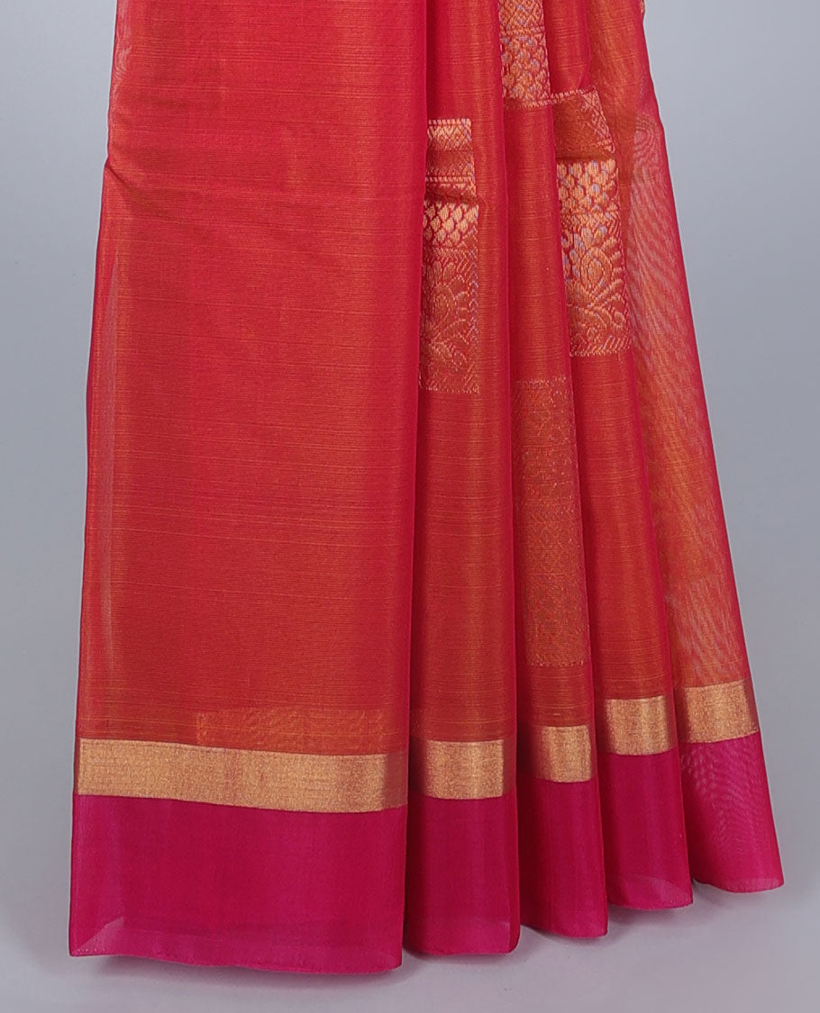 Orange silk cotton saree with zari buttas, contrast zari border & pallu of traditional designs