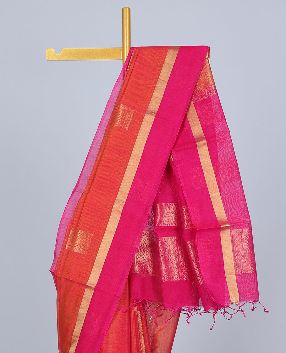 Orange silk cotton saree with zari buttas, contrast zari border & pallu of traditional designs