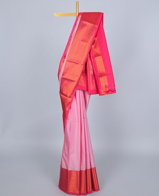 Pink aarani gift saree with buttas, contrast traditional zari design border & pallu of jaal designs