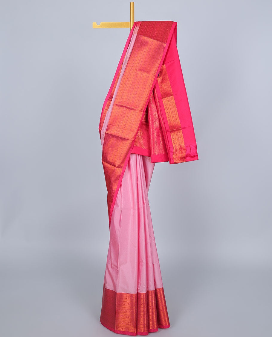 Pink aarani gift saree with buttas, contrast traditional zari design border & pallu of jaal designs