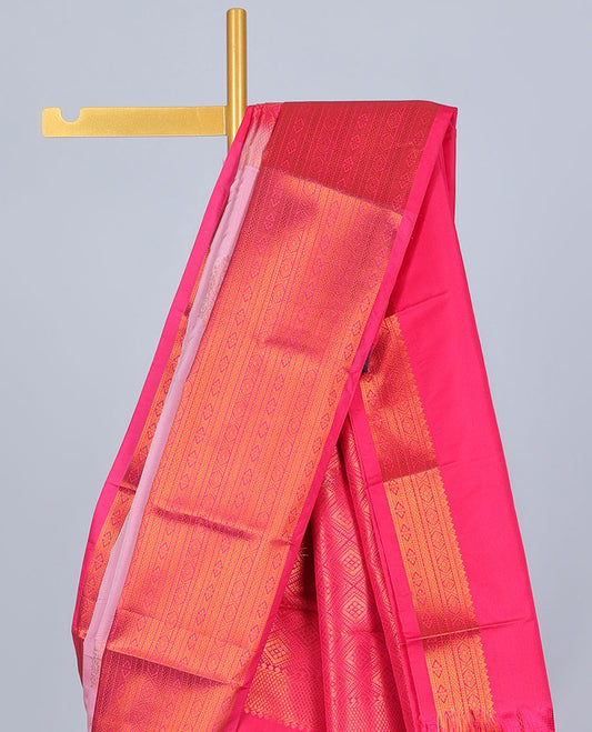 Pink aarani gift saree with buttas, contrast traditional zari design border & pallu of jaal designs
