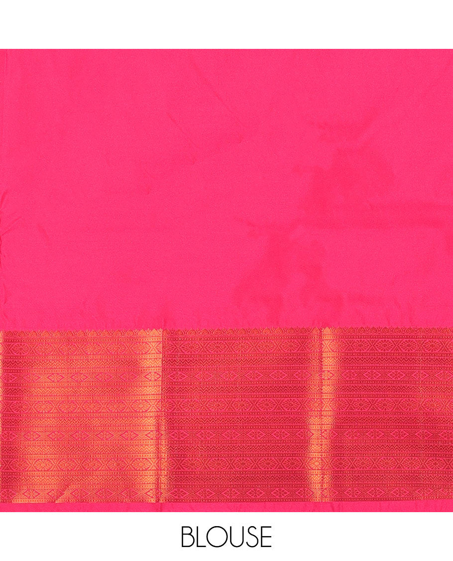 Pink aarani gift saree with buttas, contrast traditional zari design border & pallu of jaal designs