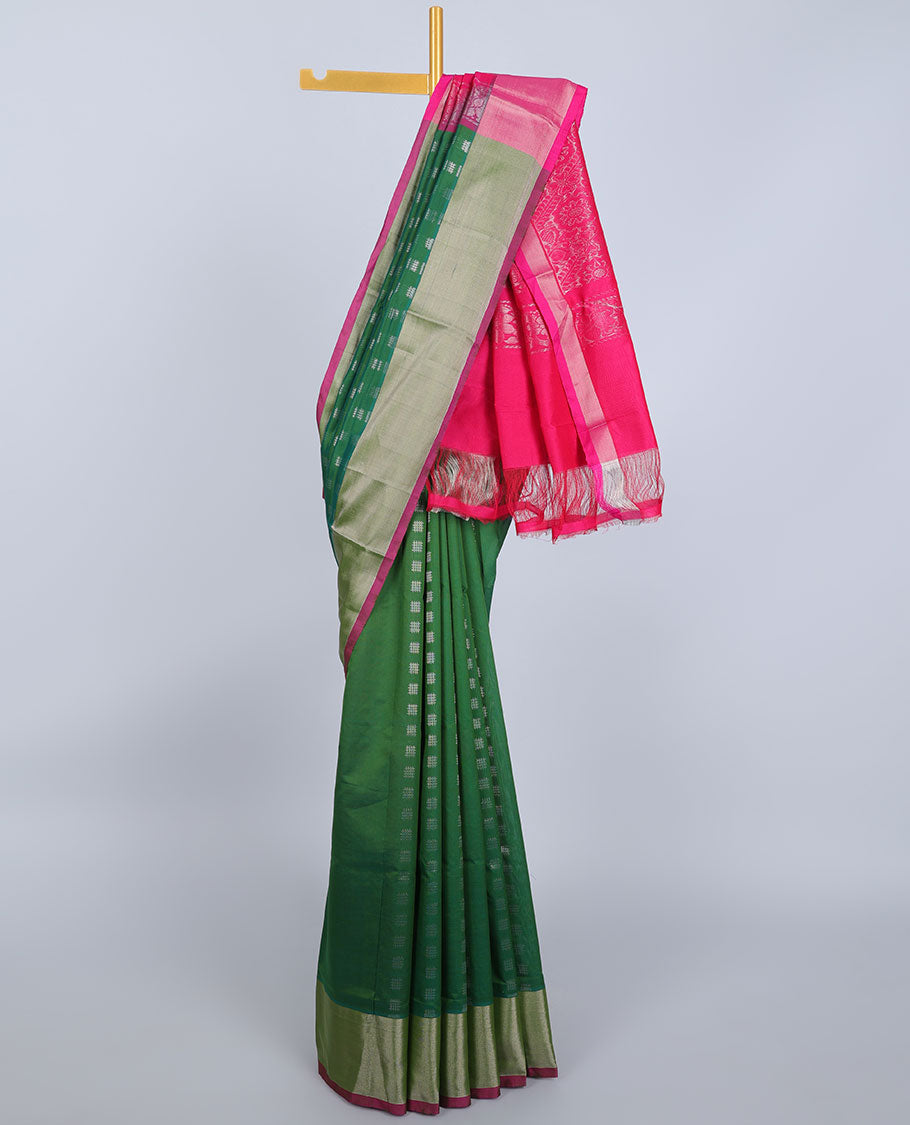 Green kupadam cotton saree with buttas, plain border & contrast pallu of intricate zari designs