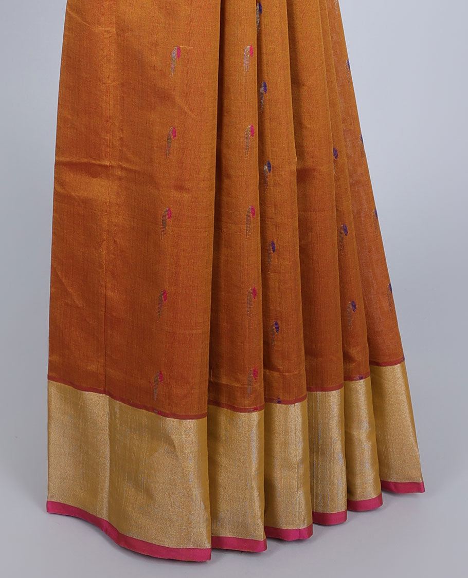 Mustard kupadam cotton saree with peacock buttas, plain border & contrast pallu of ogee patterns
