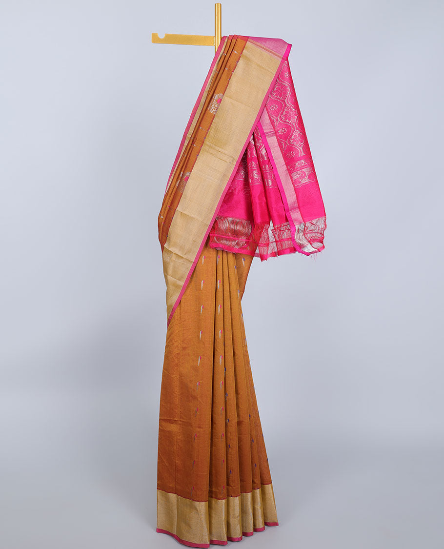 Mustard kupadam cotton saree with peacock buttas, plain border & contrast pallu of ogee patterns