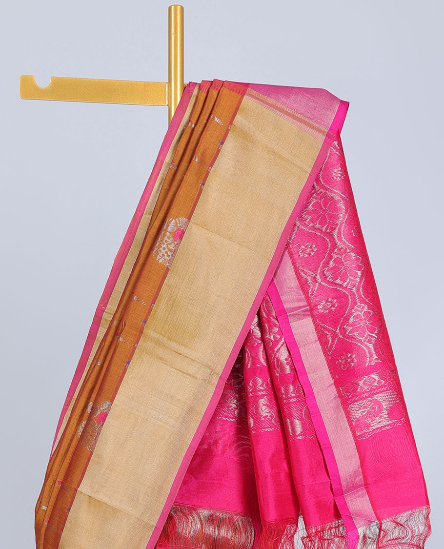 Mustard kupadam cotton saree with peacock buttas, plain border & contrast pallu of ogee patterns