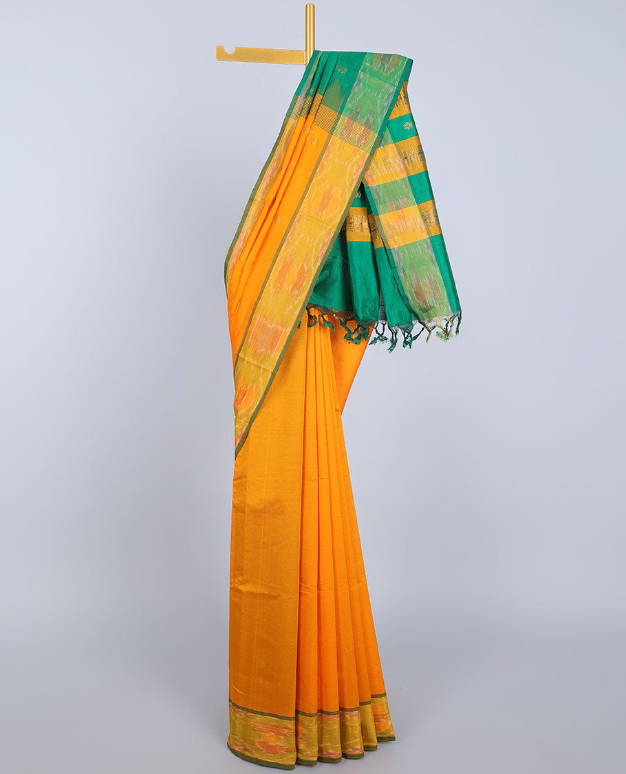 Orange kupadam cotton saree, contrast ikkat border & pallu of stripes