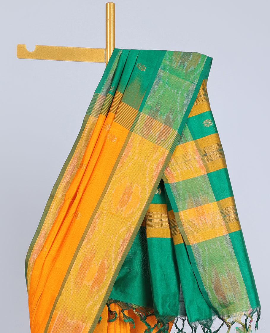 Orange kupadam cotton saree, contrast ikkat border & pallu of stripes