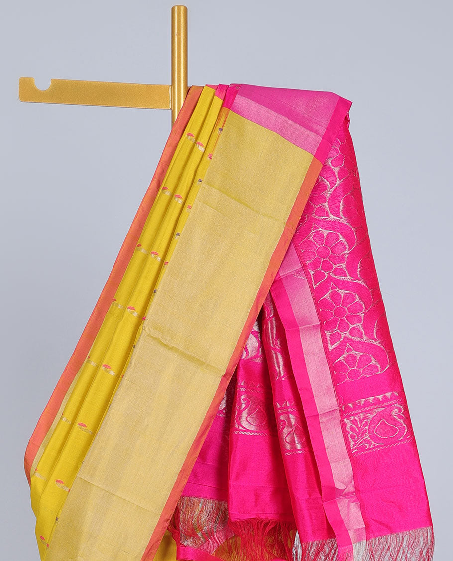 Yellow kupadam cotton saree with buttas, plain border & contrast pallu of floral designs
