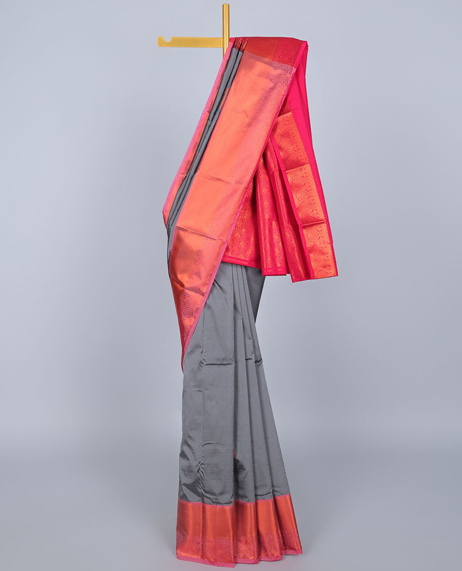 Grey aarani gift saree with zari buttas, contrast traditional zari design border & pallu of jaal designs