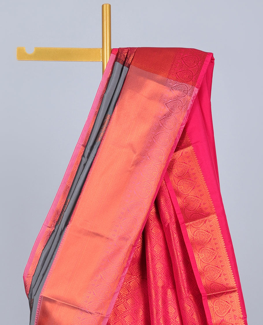 Grey aarani gift saree with zari buttas, contrast traditional zari design border & pallu of jaal designs