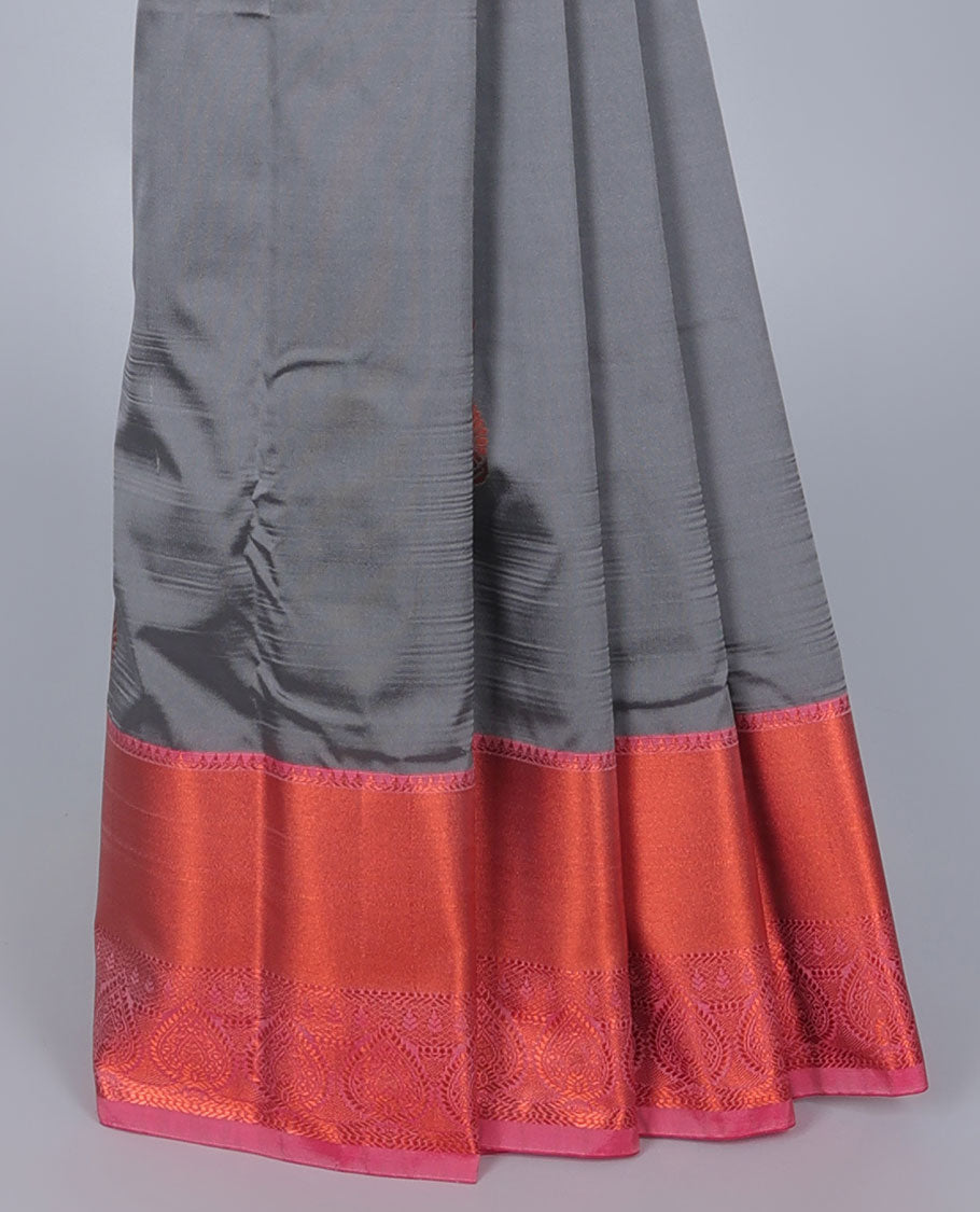 Grey aarani gift saree with zari buttas, contrast traditional zari design border & pallu of jaal designs