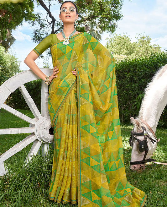 Multi-color abstract-style triangle motifs printed casual wear brasso saree, microstone work border