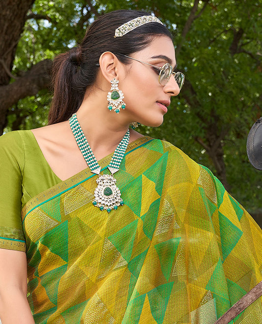 Multi-color abstract-style triangle motifs printed casual wear brasso saree, microstone work border