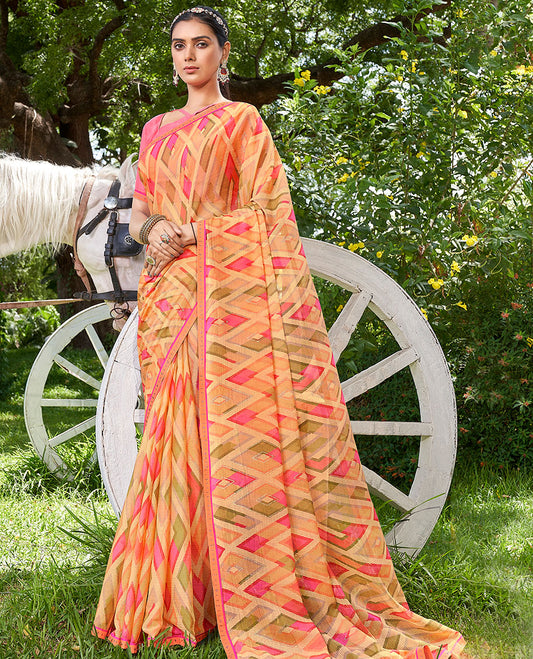 Multi-color argyle printed casual wear brasso saree, microstone work border