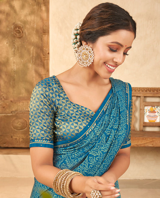 Blue intricate floral printed casual wear brasso saree, embroidered border