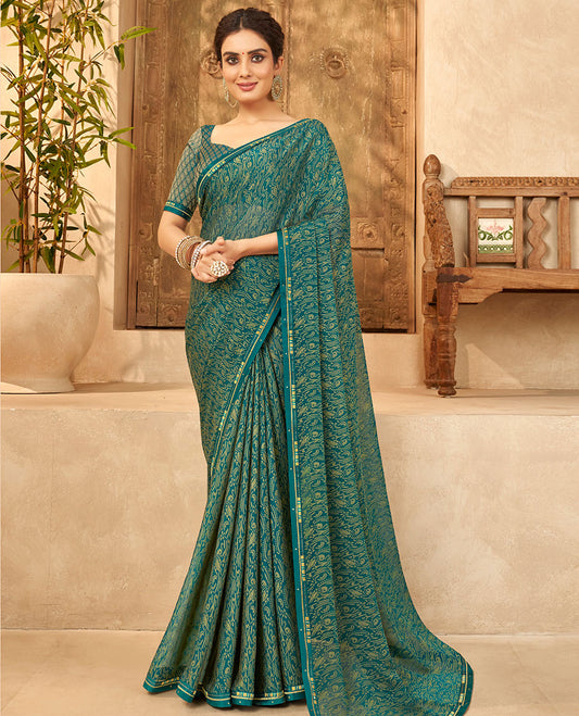 Green floral & bird designs printed casual wear brasso saree, embroidered border