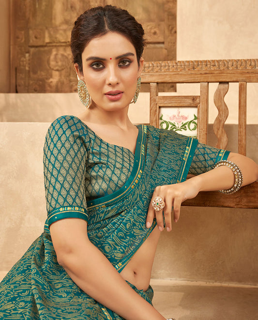 Green floral & bird designs printed casual wear brasso saree, embroidered border