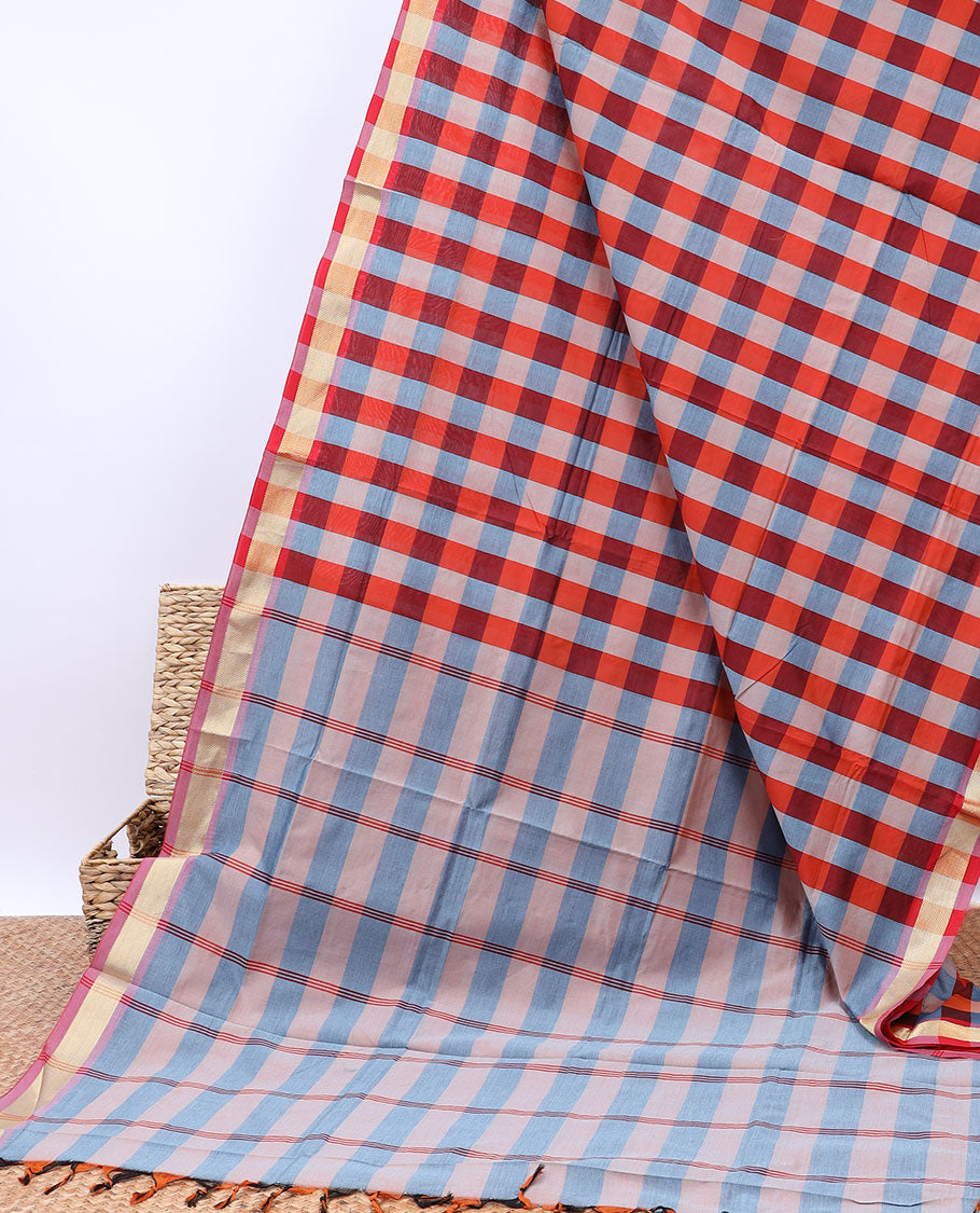 Multi-color macro-check-blocked cotton saree, zari border & contrast pallu of stripes