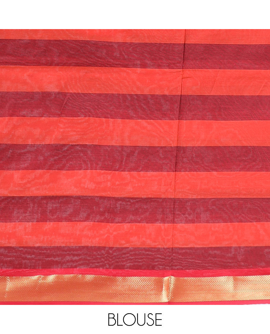 Multi-color macro-check-blocked cotton saree, zari border & contrast pallu of stripes
