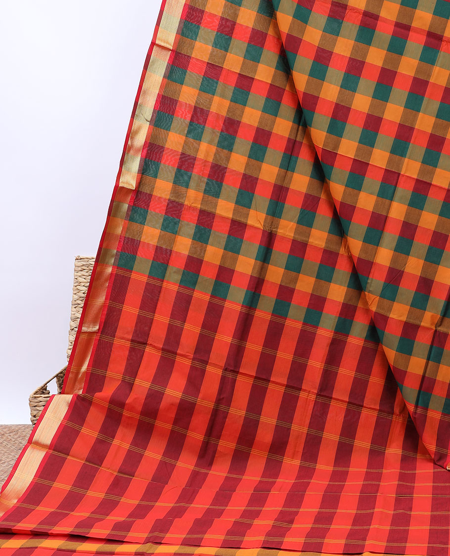 Multi-color macro-check-blocked cotton saree, zari border & contrast pallu of stripes