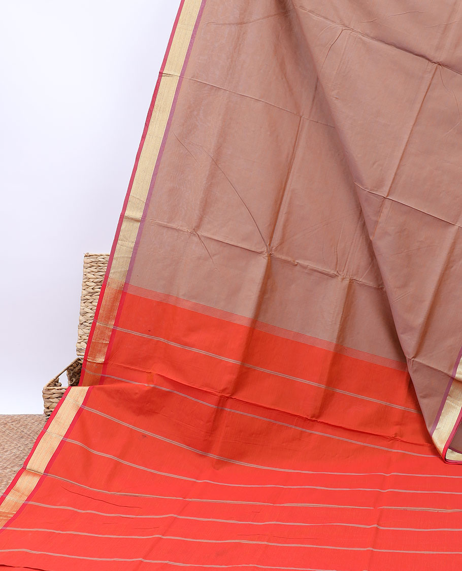 Pale brown plain design cotton saree, zari border & contrast pallu of stripes