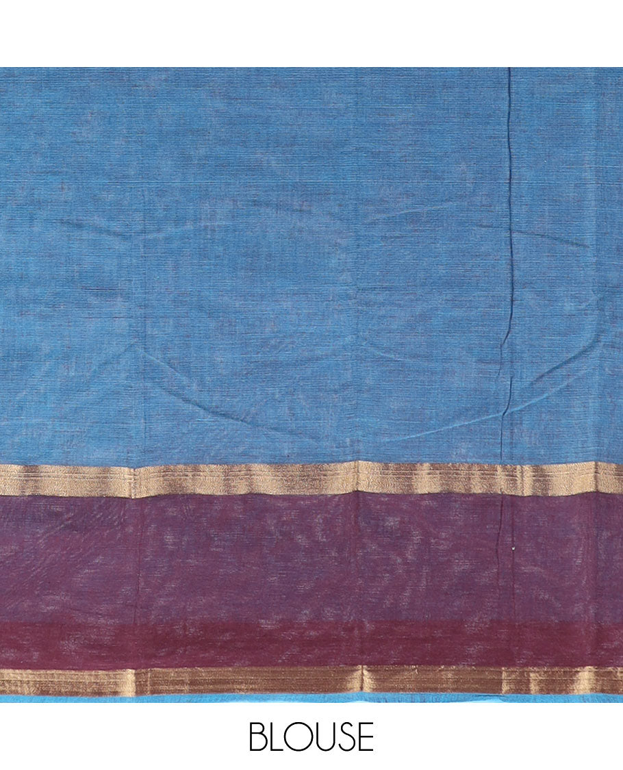 Pale blue plain design cotton saree, contrast zari border & pallu of stripes