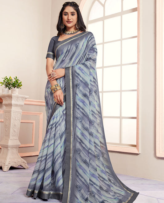 Grey abstract-style printed casual wear brasso saree, striped border