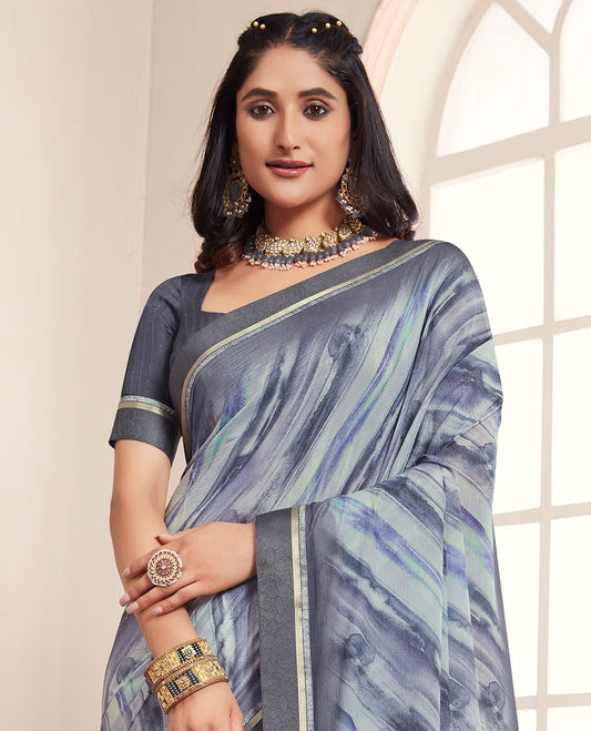 Grey abstract-style printed casual wear brasso saree, striped border