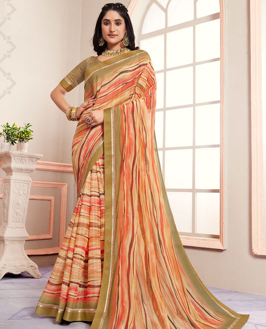 Orange abstract-style printed casual wear brasso saree, striped border
