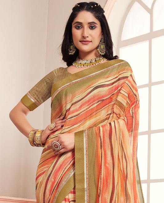 Orange abstract-style printed casual wear brasso saree, striped border